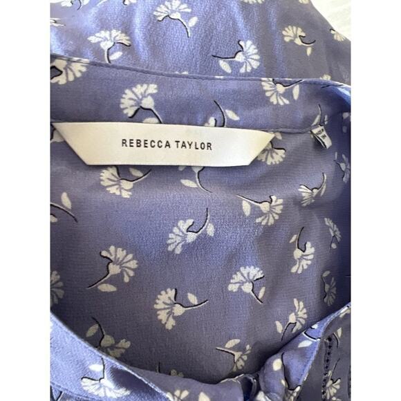 Rebecca Taylor Silk Floral Bow Blouse Periwinkle Blue Pleated Puff Sleeve Top 2 - Picture 5 of 6